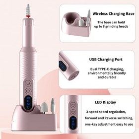 Ftrule Perceuse à ongles électrique sans fil, portable professionnelle rechargeable Efile lime à ongles avec forets à ongles,