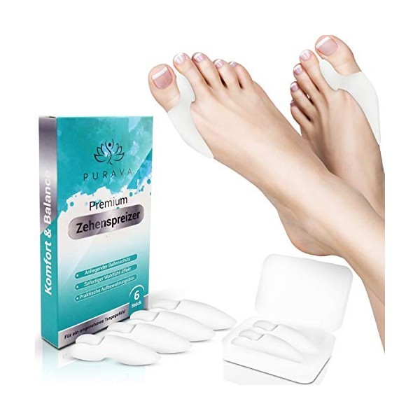 PURAVA [6x Écarteur dOrteil pour Hallux Valgus - Hallux Valgus Correcteur avec Boîte de Transport Hygiénique - Écar-teurs Do