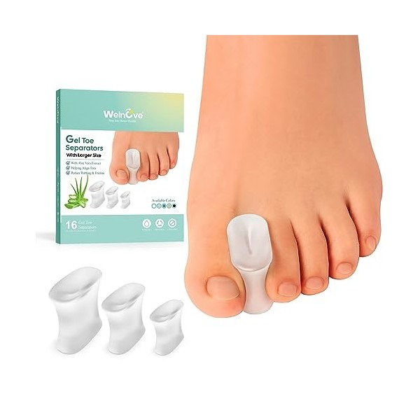 Welnove Séparateurs dorteils en gel améliorés – Lot de 16 espaceurs dorteils en silicone infusé à lextrait daloe vera pou