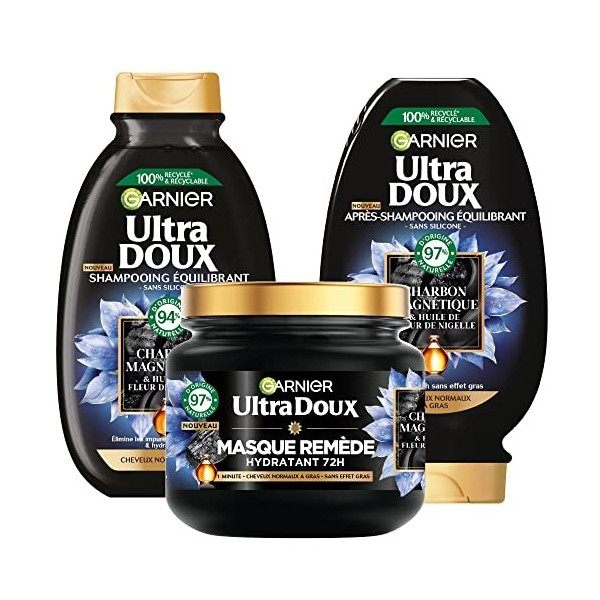 Garnier Ultra Doux - Coffret Routine au Charbon Magnétique et à lHuile de Fleur de Nigelle - Pour les Cheveux Normaux à Gras