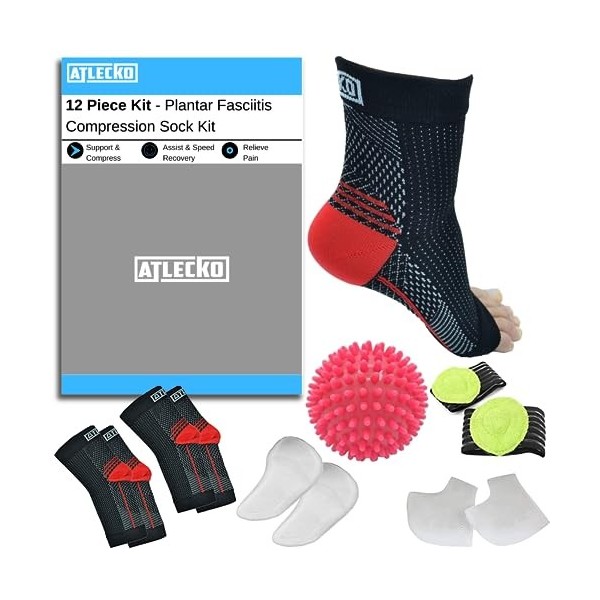 Atlecko Lot de 12 paires de chaussettes pour fasciite plantaire, 2 paires et accessoires, soulagement de la douleur de larth