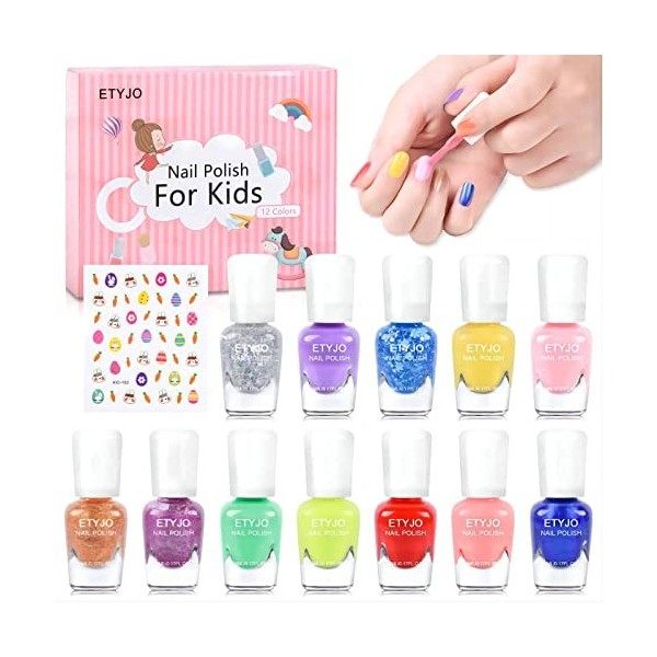 ETYJO Vernis Enfant, 12 Couleurs Peel-off Non Toxique Vernis à Ongles Enfant Séchage Rapide Vernis à Ongles Enfant Fille à ba