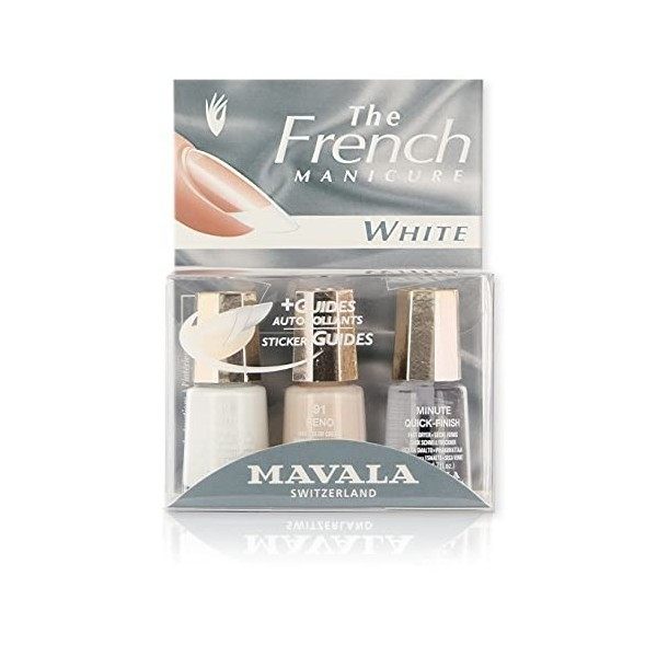 Mavala - Kit French Manucure White - Set de 3 Vernis à Ongles - Guides Autocollants Inclus - Accessoires de Manucure - Brilla