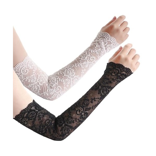 2Paires, Respirant Manchettes de Bras, Soleil Bras Manches en Dentelle Anti-UV Protection, Adultes Tatouages Couvrants, Gants