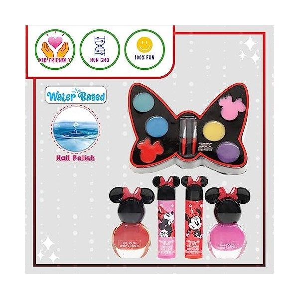 Disney Minnie Mouse - Townley Girl Étui de Train cosmétique à Fermeture éclair avec Brillant à lèvres, baume à lèvres, Pinces