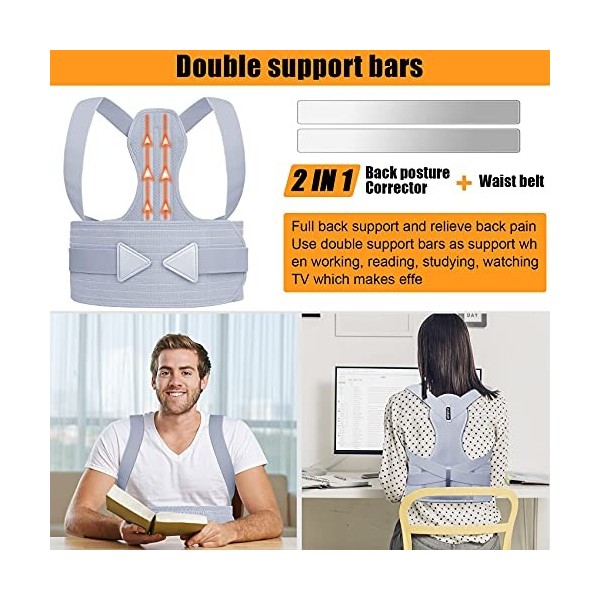 Aollop Correcteur de posture pour homme et femme – Attelle dorsale avec bandes élastiques respirantes réglables et barres de 