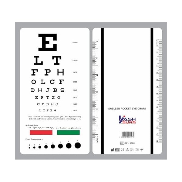 Snellen Pocket Eye Chart avec lignes rouges et vertes