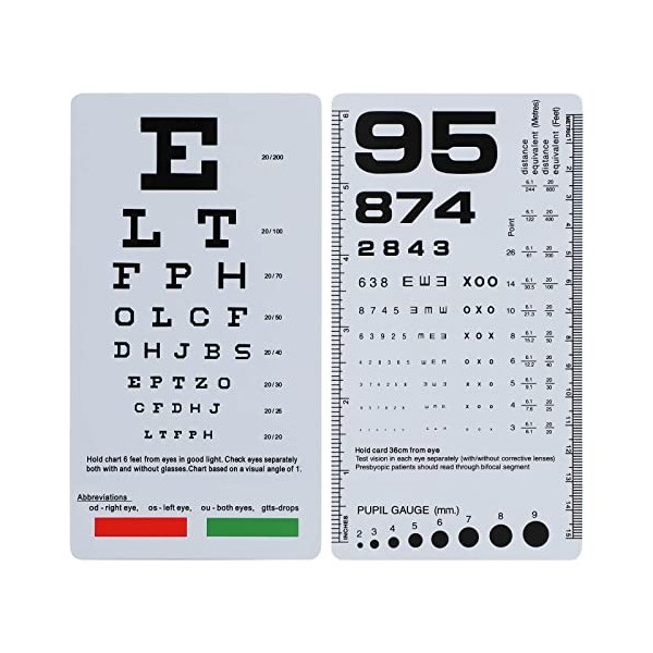 NOYOC Lot de 2 tableaux de poche, 2 en 1 Snellen Eye Chart de 1,8 m et tableau de poche Rosenbaum, tableau des yeux en plasti