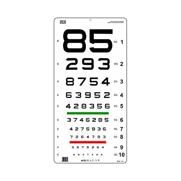 Snellen "Numéro" Eye Chart avec lignes rouges et vertes Taille 56 x 28 cm