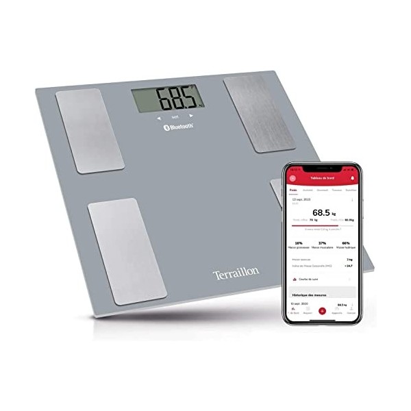 TERRAILLON Pèse Personne SMART CONNECT Connecté - IMC - 8 Utilisateurs - Bluetooth Low Energy - Capacité 160Kg - Gris