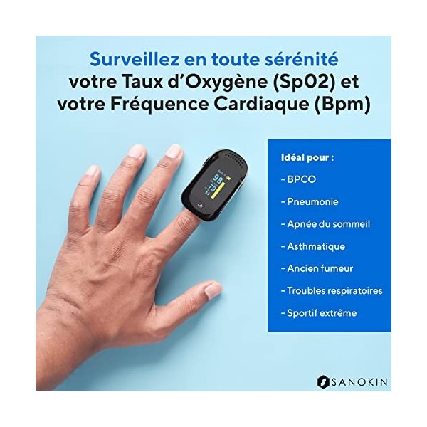 [GARANTIE 2 ANS/CERTIFIE CE] Oxymetre, saturometre de doigt professionnel | Oxymètre de pouls/oxygène | Mesure saturation en 
