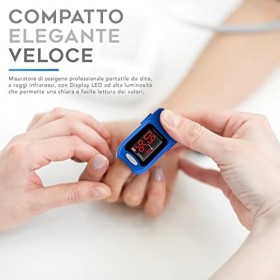 AIESI® Oxymètre de pouls doigt professionnel certifié avec affichage LED haute luminosité A1, Piles, Etui en tissu, Manuel mu
