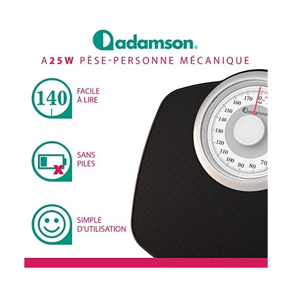Adamson A25W Balance Pèse Personne Analogique - Nouveauté 2023 - Jusquà 180kg, Surface Antidérapante, Chiffres Extra Larges,