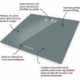 TERRAILLON Balance Pèse Personne Électronique - Ultra-Plat, Marche/Arrêt Automatique, Grand Écran LCD, 150kg - TX1500, Gris