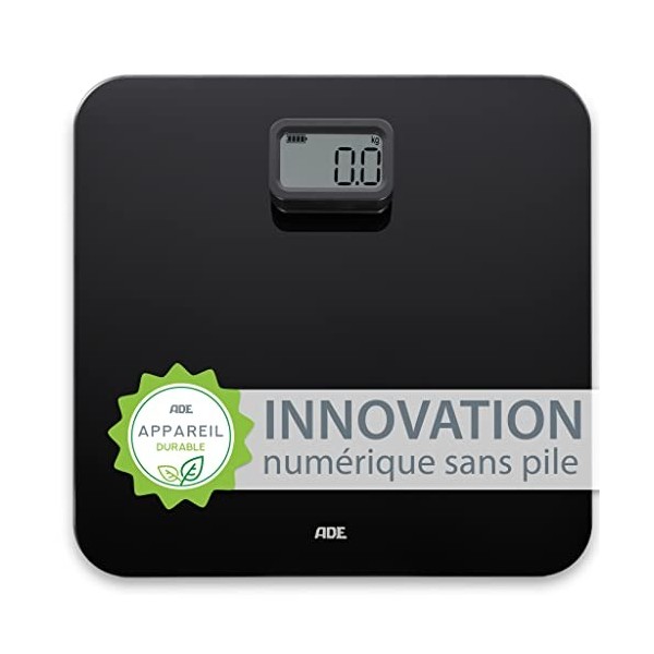 ADE Pèse-personne numérique sans batterie avec dynamo | respectueux de lenvironnement | jusquà 150 kg | Noir