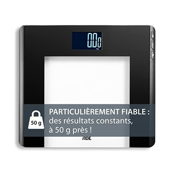 ADE Balance pese personne numérique avec calcul de lIMC | pesée très précise par pas de 50 g | grand écran éclairé | 12 mémo