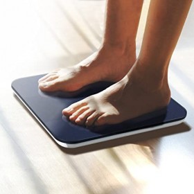 Relaxdays Pèse-Personne numérique, Balance, Verre, Charge 180 kg, sallume/séteint automatiquement, kg/lbs, Noir/Bleu