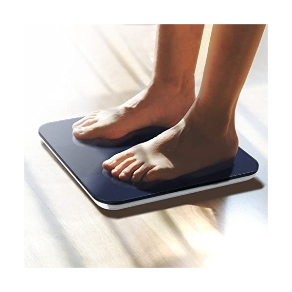 Relaxdays Pèse-Personne numérique, Balance, Verre, Charge 180 kg, sallume/séteint automatiquement, kg/lbs, Noir/Bleu