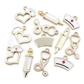 Lot de 32 breloques en émail plaqué or pour infirmière, stéthoscope, seringue dinfirmière, chapeau pour la fabrication de bi