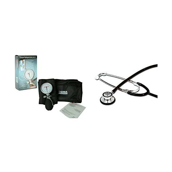 Gima Sphygmomanomètre Boston 1 Unité & Stéthoscope Tête Double TRAD, Adultes, Couleur Y Noir, Pavillon Ø 43,5 mm, Cloche Ø 30