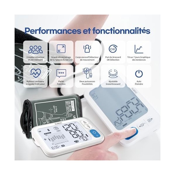 Hubilife Tensiomètre automatique, tensiomètre numérique portable, brassard réglable, connexion Bluetooth et stockage de donné