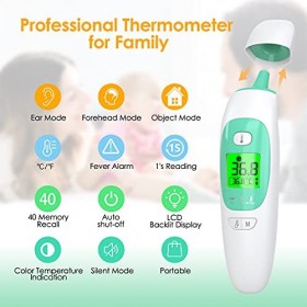 Kkmier Thermometre Frontal et Auriculaire, Médical sans Contact, Oreille Tympanique pour Bébé, Enfant, Adulte et Object, Alar