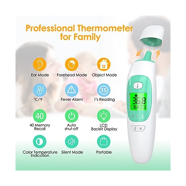 Thermomètre frontal pour adultes, thermomètre sans contact Kkmier, thermomètre  médical pour le front et les oreilles pour bébés, enfants, adultes et  objets, alarme de fièvre