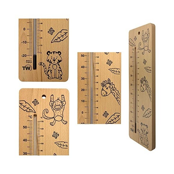 Grand thermomètre en bois pour chambre de bébé avec motif safari - Essentiel pour nouveau-né - Moniteur de température fiable