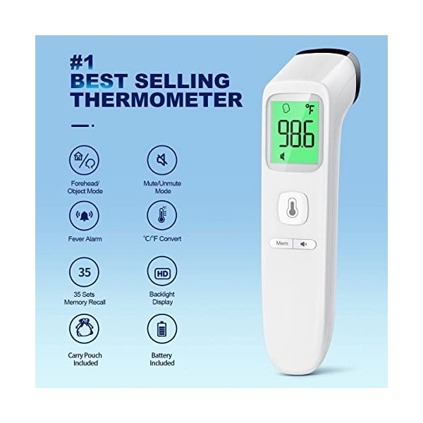 Thermomètre Frontal U-Kiss Thermometre Adulte Infrarouge, Thermometre sans  contact, Écran LCD, Fonction Mémoire, Thermometre