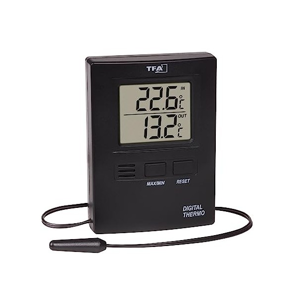 TFA Dostmann Thermomètre numérique, int/ext température, 30.1012.01, sonde à câble étanche, valeurs maxi et mini, exclusivité