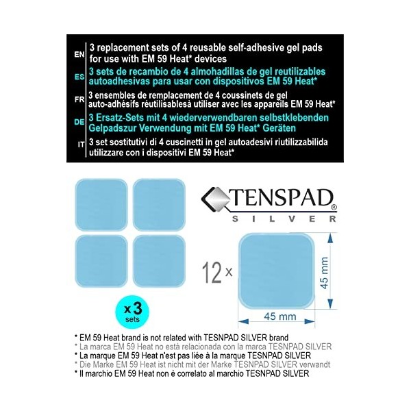 3 sets de remplacement 12 pièces de coussins de gel Tenspad Silver compatibles avec les appareils Beurer EM 59 Heat. Econom