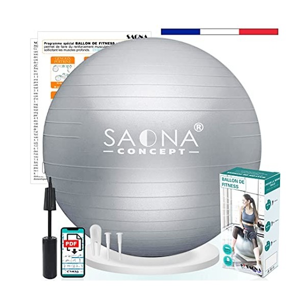 Saona Concept Ballon Fitness 55, 65 ou 75 cm avec Pompe | Ballon Gym, Pilates, Grossesse, Yoga, Kinésithérapie | Gym Ball ou 