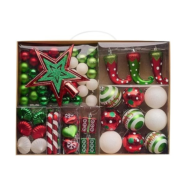 Victors Workshop70pcs Boules de Noël, Thème Elfs Rouge et Vert, Décoration à Suspendre pour larbre de Noël en Plastique, Or