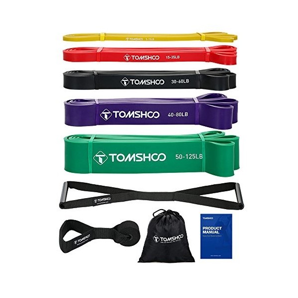 TOMSHOO Bande Élastique Musculation 5 Bandes de Résistance + 1 ancrage de Porte + 1 poignée, Latex Naturel Elastique de Sport