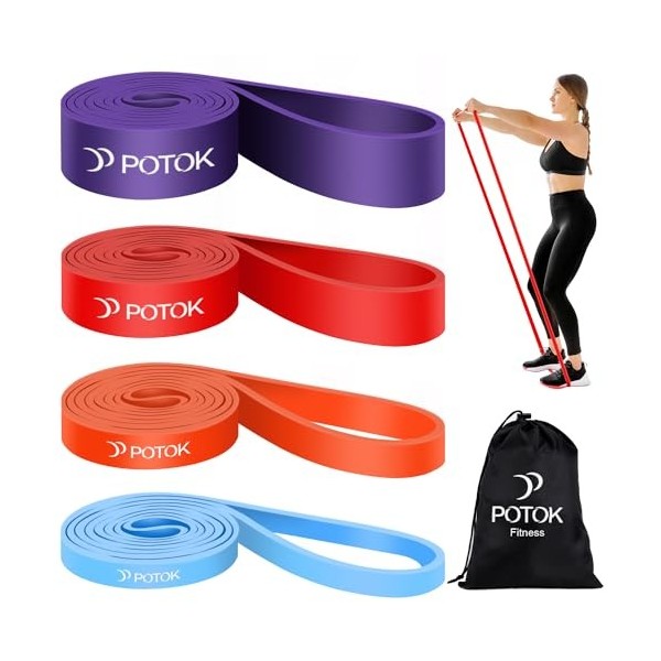 POTOK Lot de bandes de résistance à la traction 4 niveaux différents pour exercices dhaltérophilie, tonification musculaire,