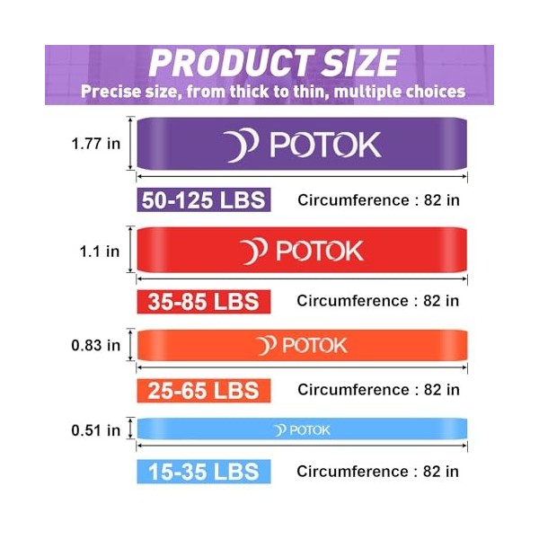 POTOK Lot de bandes de résistance à la traction 4 niveaux différents pour exercices dhaltérophilie, tonification musculaire,