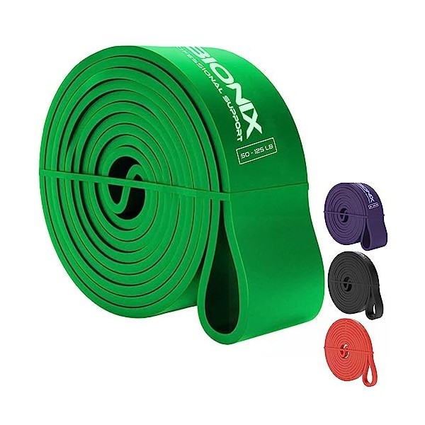 Bionix Bande Elastique Musculation en Latex, Lot de 4 Bande de Résistance Antidérapante pour Barre de Tractions, 3 Niveaux de