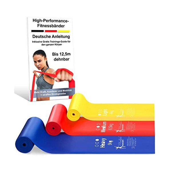 MINDFUL POWER Theraband Lot de 3 bandes de fitness extra longues 2,5 m - Élastique jusquà 12,5 m - Bandes de résistance idéa