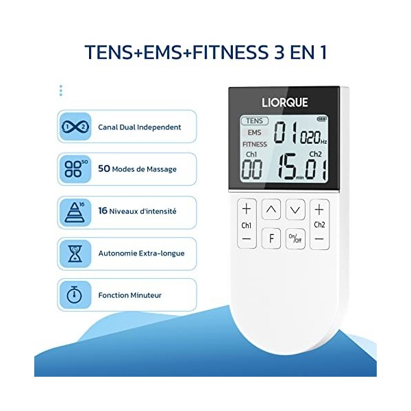 LIORQUE Électrostimulateur Musculaire, Stimulateur Musculaire TENS avec 2 Canaux Indépendant, Avec 3 Modes de Fonctionnement 