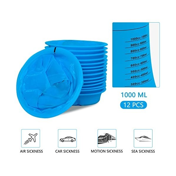 AKOFIC Lot De 12 Sacs à Vomis De 1000 Ml Avec Bouton-Pression, Haute Densité, Portables Pour Avions Et Malades De Voiture, Sa