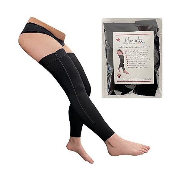 Presadee Manchon de compression ferme sans pied avec fermeture éclair YKK 20-30 mmHg noir, 4 