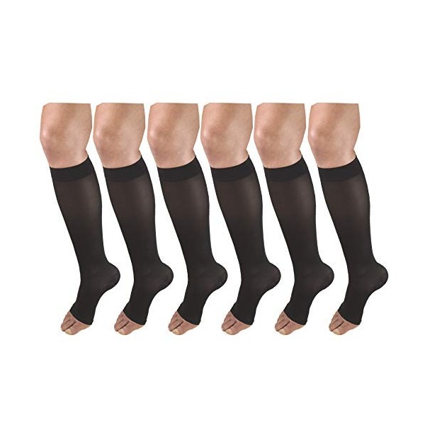 Lot de 6 paires de bas de contention pour femme 20-30 mmHg - Longueur genou - Bout ouvert - Noir opaque - Taille M