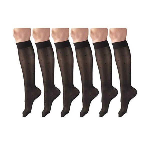 Lot de 6 paires de bas de contention transparents, 15-20 mmHg, longueur genou pour femme, motif à pois, noir, taille L