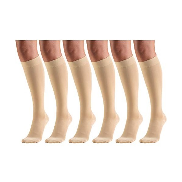 Lot de 6 paires de bas de contention pour homme et femme - Longueur genou - Bout fermé - Beige - Taille M