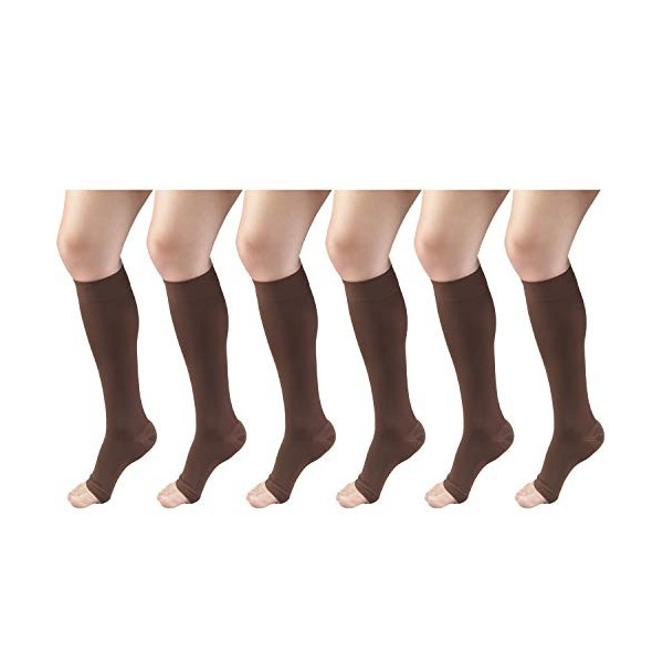 Lot de 6 paires de chaussettes de compression 20-30 mmHg pour homme et femme, longueur genou, bout ouvert, marron, taille L