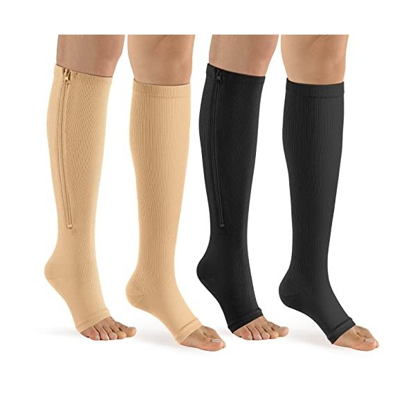 bropite Lot de 2 paires de chaussettes de compression à fermeture éclair pour mollet et bout ouvert C- noir/nude, L-XL 