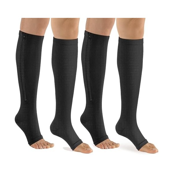 bropite Lot de 2 paires de chaussettes de compression à fermeture éclair pour mollet et bout ouvert C- noir/nude, L-XL 