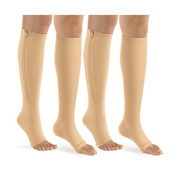 bropite Lot de 2 paires de chaussettes de compression à fermeture éclair pour mollet et bout ouvert C- noir/nude, L-XL 