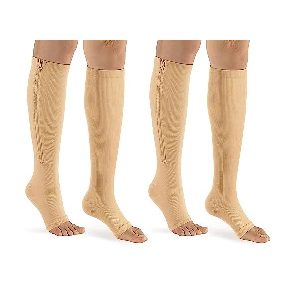 ASPCOK 2 paires 15-20mmHg chaussettes médicales de compression à glissière soutien de jambe à glissière unisexe genou ouver