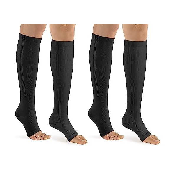 ASPCOK 2 paires 15-20mmHg chaussettes médicales de compression à glissière soutien de jambe à glissière unisexe genou ouver